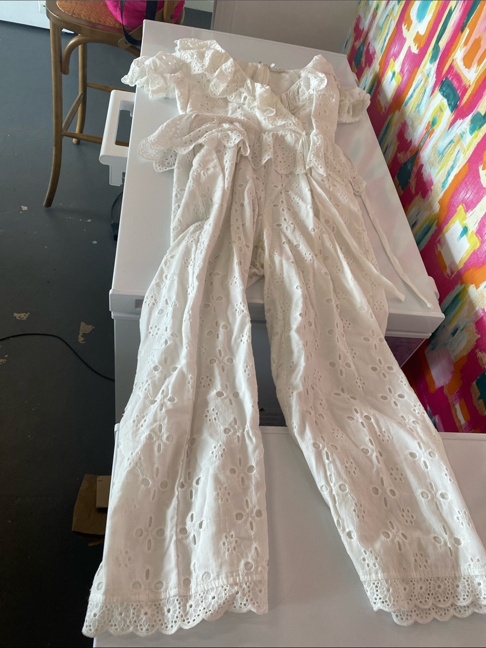 White Eyelet Off-Shoulder Jumpsuit. Size medium. Eri Alli. Good condition.